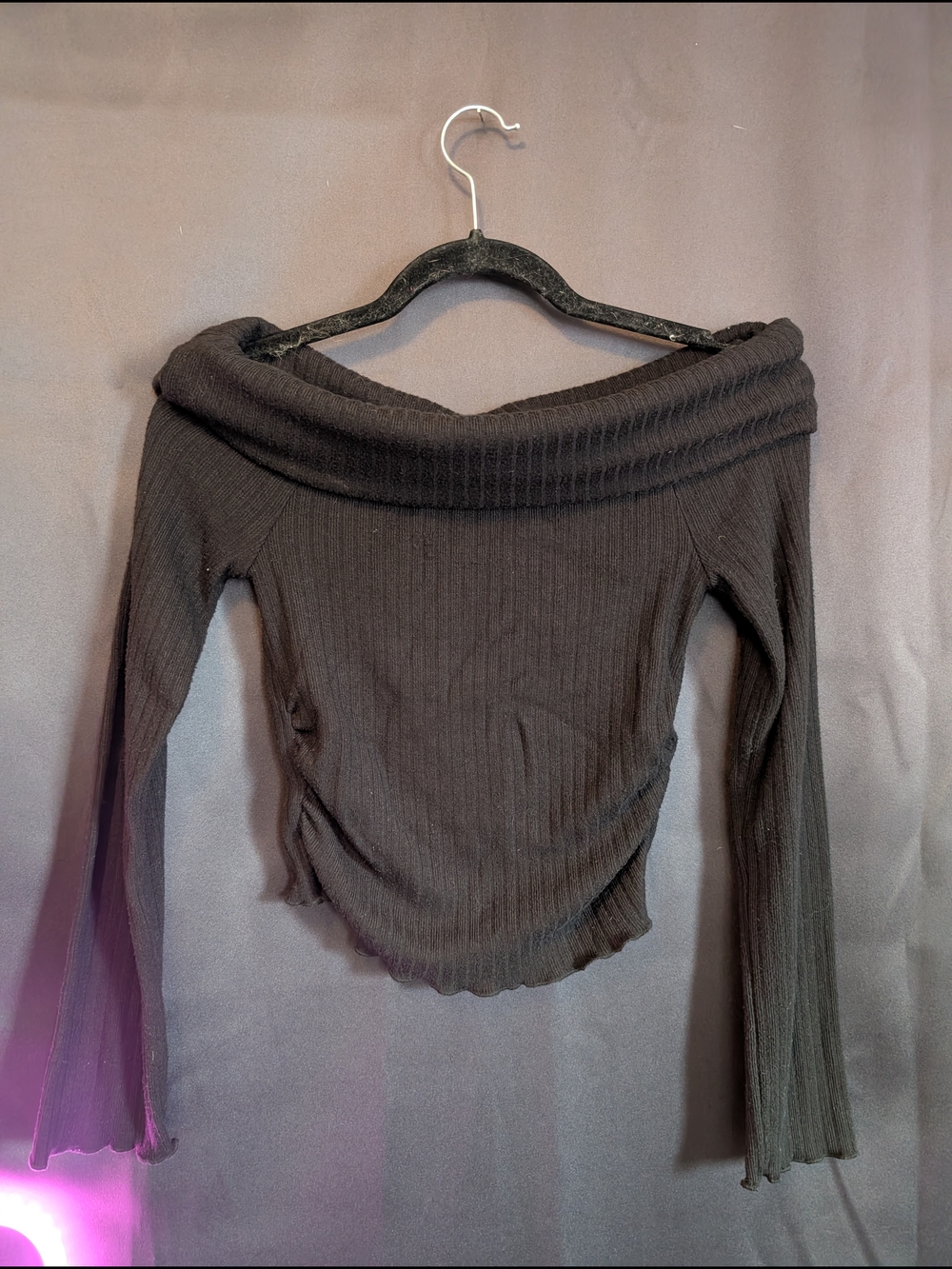 Ardene Black Off-the-Shoulder Ribbed Sweater Flared Scallop Sleeves